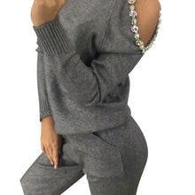 Load image into Gallery viewer, MVGIRLRU sweater suits diamond knitted suit open shoulder sleeve jumper tops and pants womens two piece sets