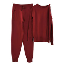 Load image into Gallery viewer, MVGIRLRU sweater suits diamond knitted suit open shoulder sleeve jumper tops and pants womens two piece sets