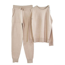 Load image into Gallery viewer, MVGIRLRU sweater suits diamond knitted suit open shoulder sleeve jumper tops and pants womens two piece sets