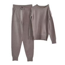 Load image into Gallery viewer, MVGIRLRU sweater suits diamond knitted suit open shoulder sleeve jumper tops and pants womens two piece sets