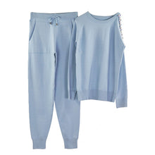 Load image into Gallery viewer, MVGIRLRU sweater suits diamond knitted suit open shoulder sleeve jumper tops and pants womens two piece sets