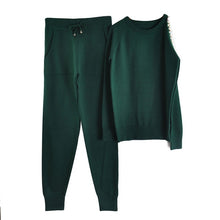 Load image into Gallery viewer, MVGIRLRU sweater suits diamond knitted suit open shoulder sleeve jumper tops and pants womens two piece sets