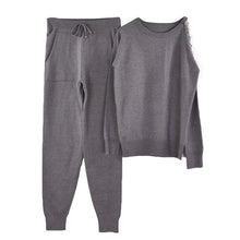 Load image into Gallery viewer, MVGIRLRU sweater suits diamond knitted suit open shoulder sleeve jumper tops and pants womens two piece sets