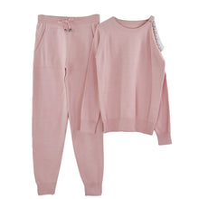 Load image into Gallery viewer, MVGIRLRU sweater suits diamond knitted suit open shoulder sleeve jumper tops and pants womens two piece sets
